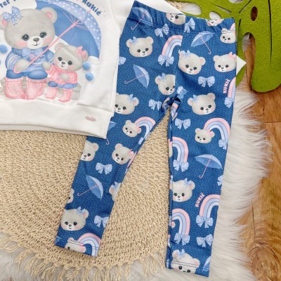  Conj. Casaco Ursinhas After Rain e Calça Legging - Off White e Azul